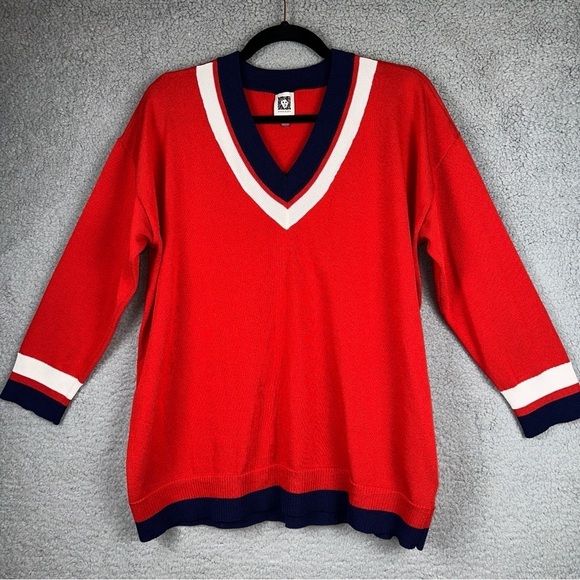 Anne Klein Sweater Womens 1X Red Poppy Combo Striped V-Neck Knit Old Money Retro - Picture 2 of 11